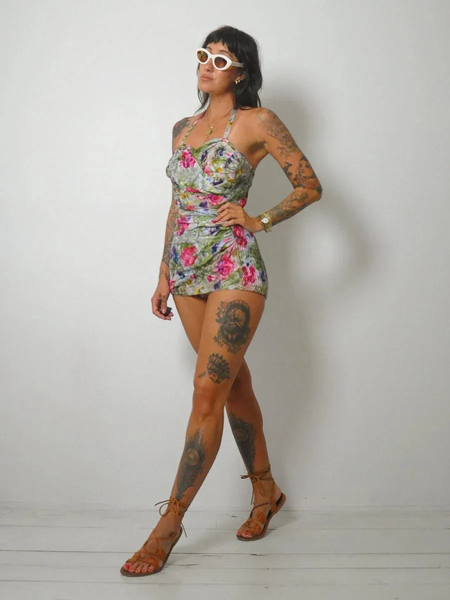 1950's Miss Hawaii Watercolor Floral Swimsuit