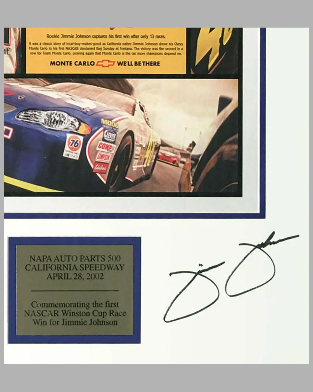 2002 Chevrolet autographed ad copy for Jimmie Johnson first NASCAR win