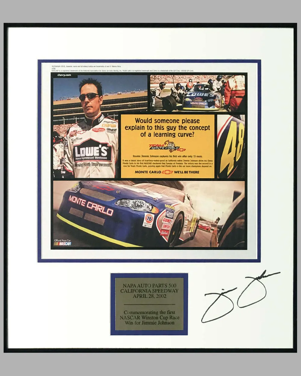 2002 Chevrolet autographed ad copy for Jimmie Johnson first NASCAR win