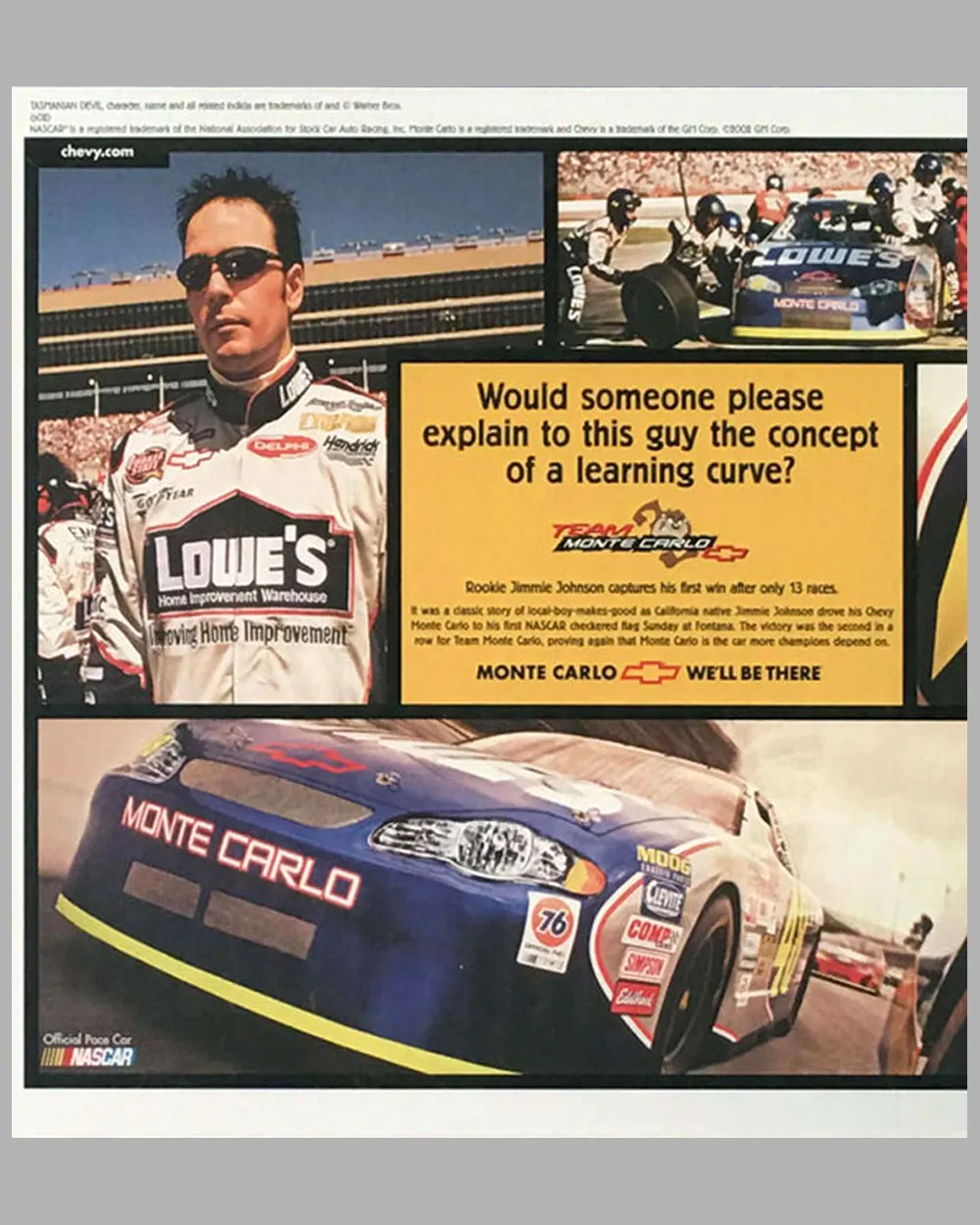 2002 Chevrolet autographed ad copy for Jimmie Johnson first NASCAR win