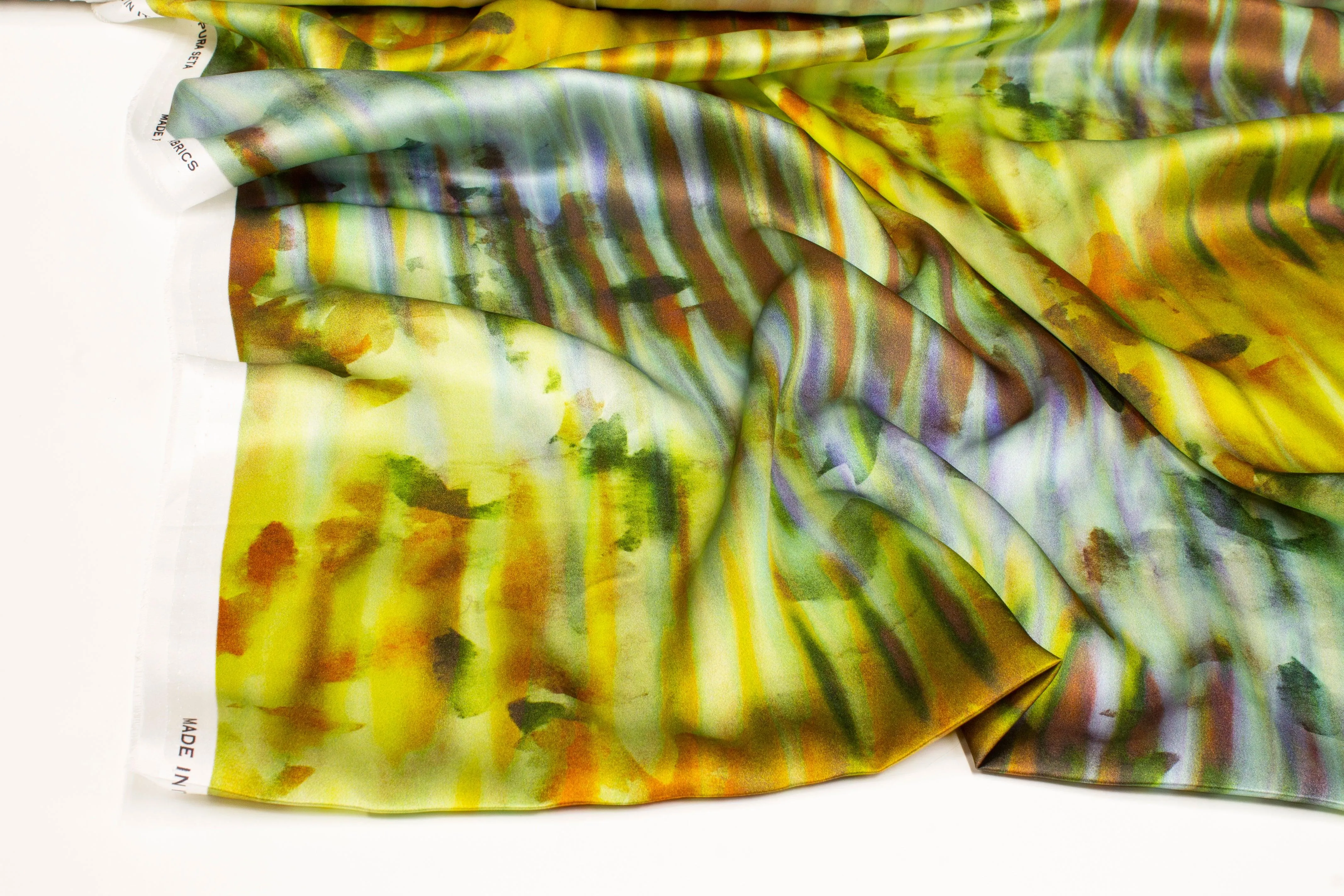 Abstract Watercolor Italian Silk Charmeuse - Yellow/Green