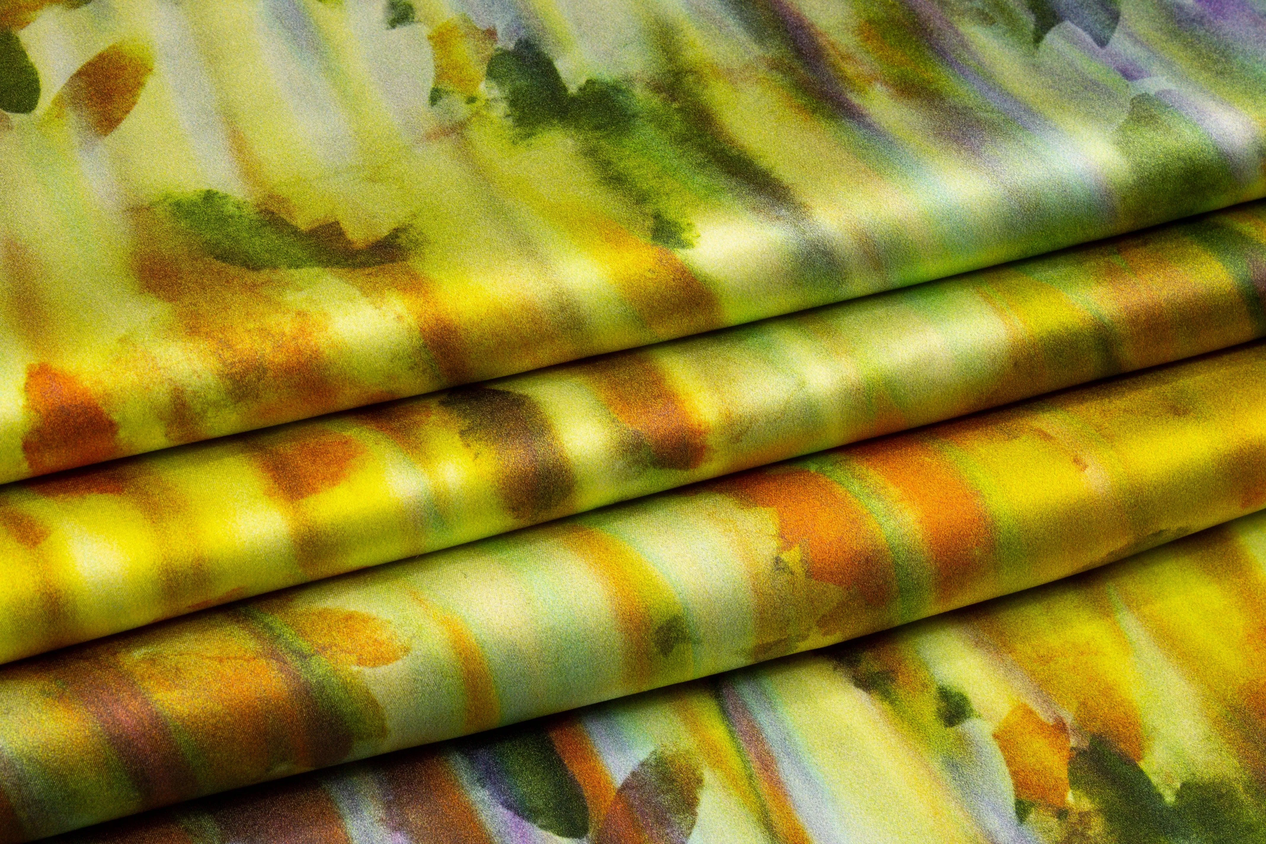 Abstract Watercolor Italian Silk Charmeuse - Yellow/Green