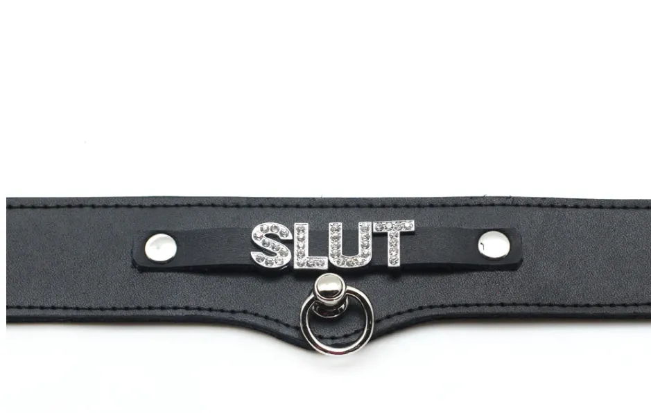 Black Leather Collar w/ Sparkly "SLUT" Text on Front and O Ring Detail