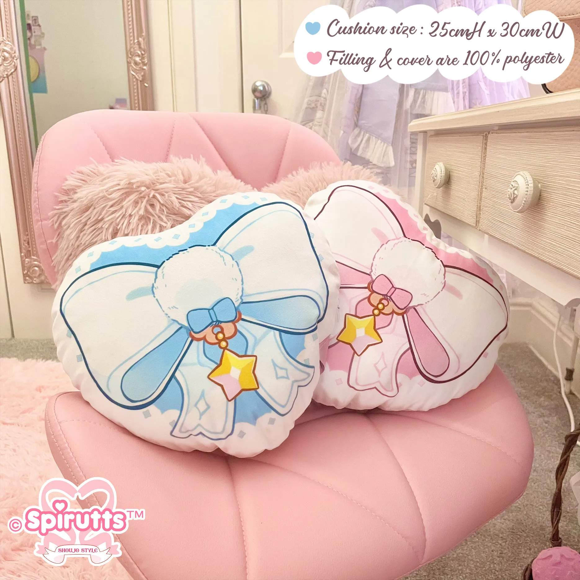 CUSHION - Heart Bows! - Soft plush fabric / 100% Poly / Double-sided