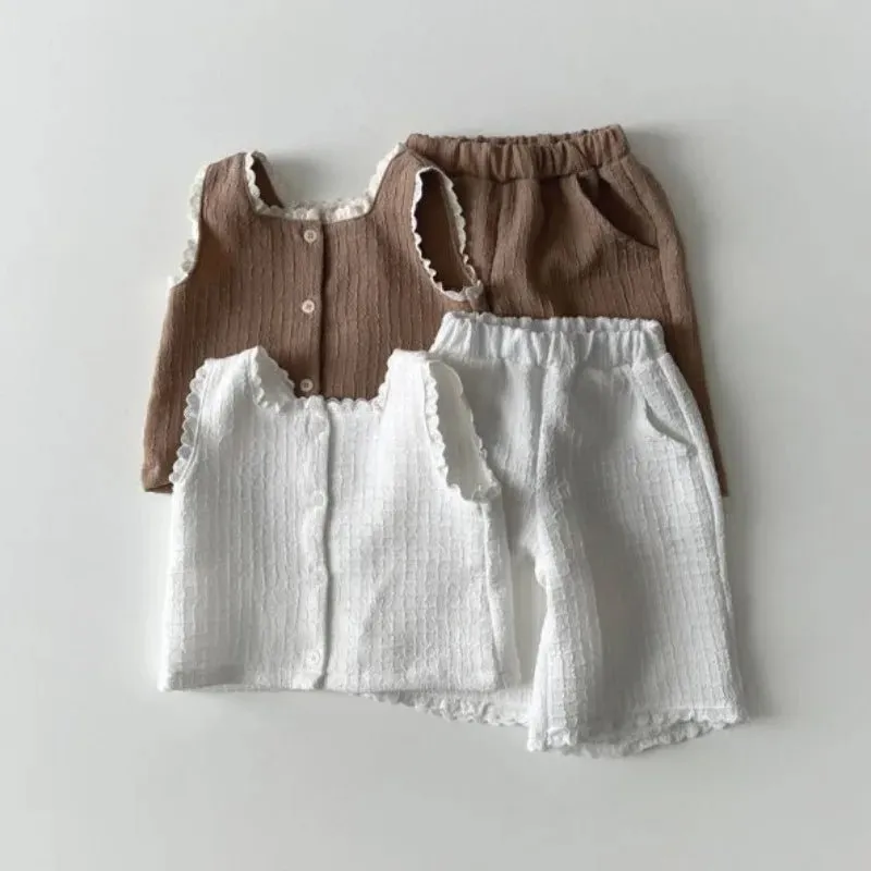 Kids Girls Summer Clothes Set 2024 Fashion Cute Baby Lace Ruffle Tank Tops   Cropped Pants Sweet 2Pcs Baby Girls Camisole Sets