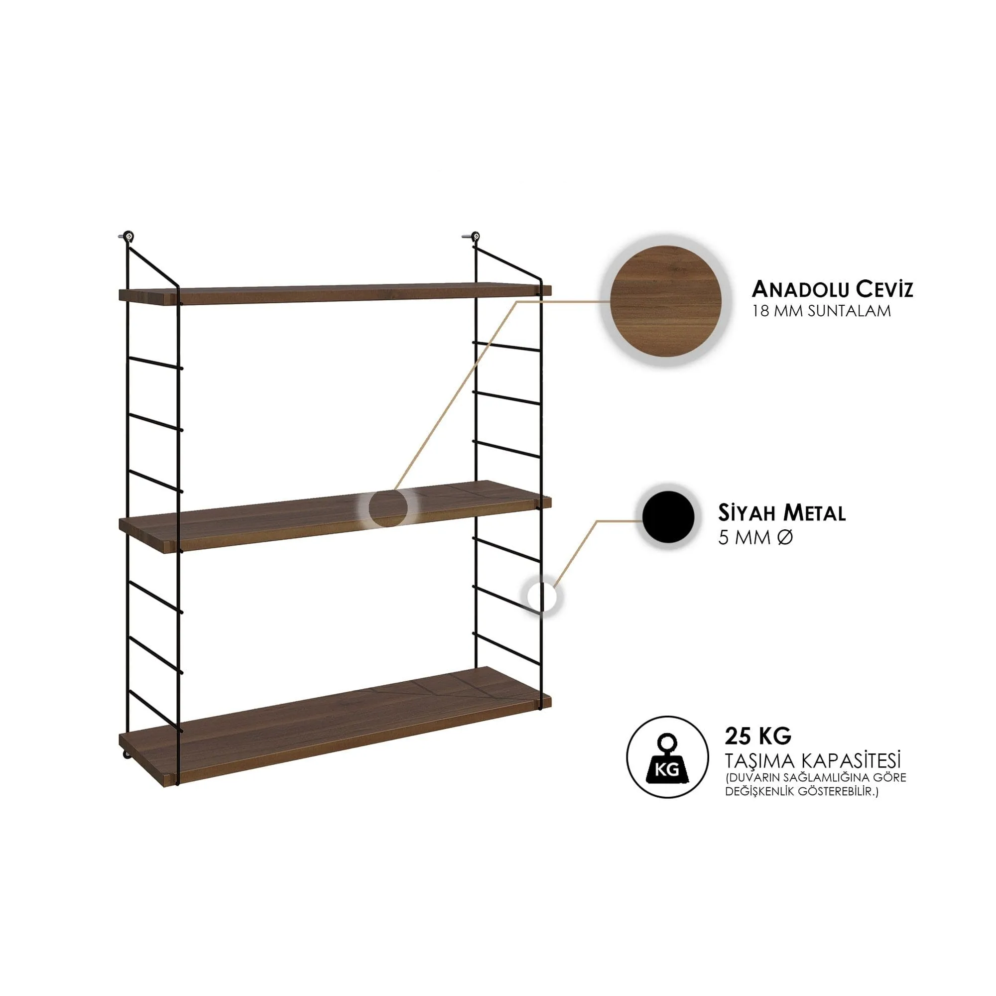 Wall Shelf Armoni 3'lü - Walnut